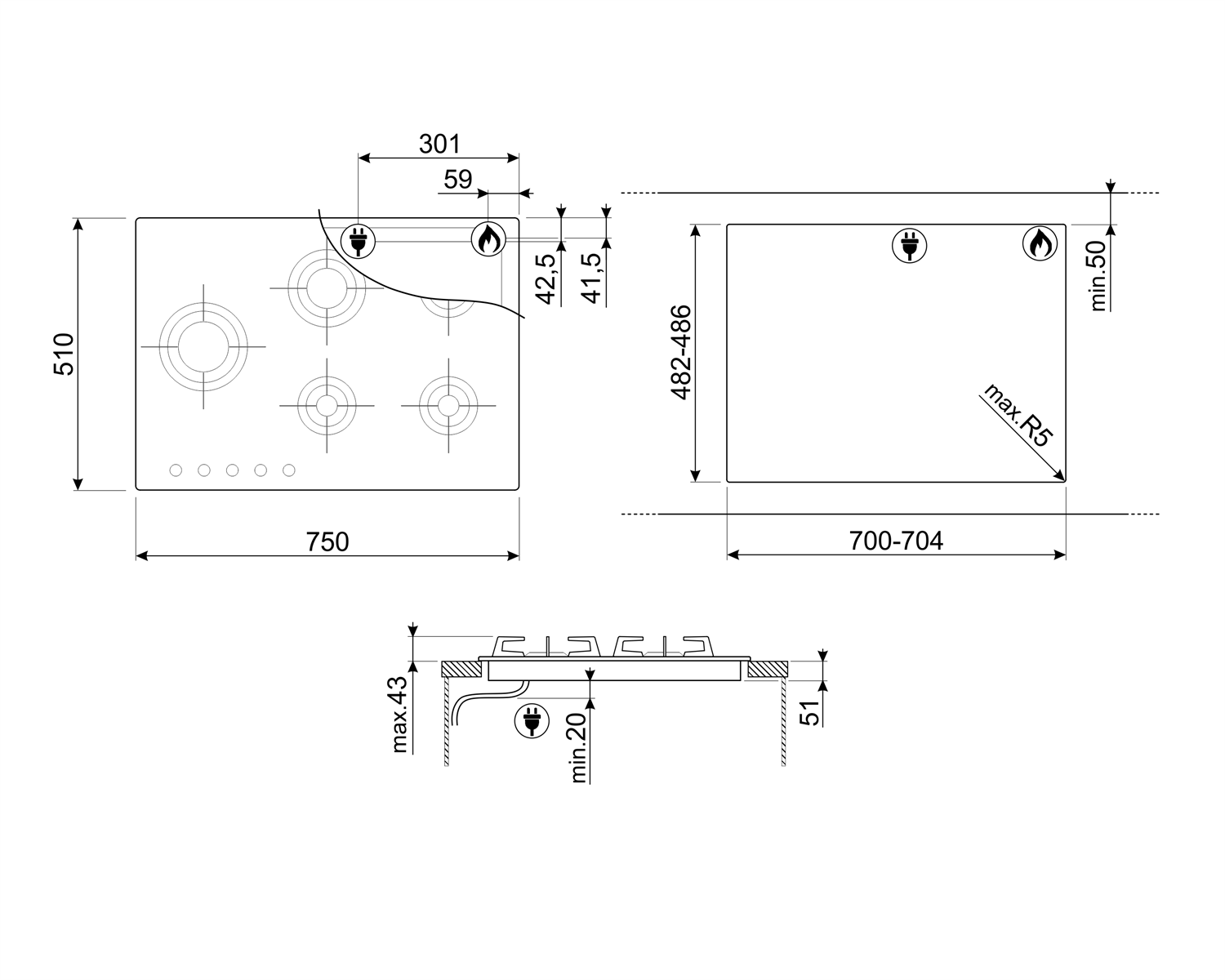 Plynová varná doska Smeg Dolce Stil Novo PVL675LCN čierna