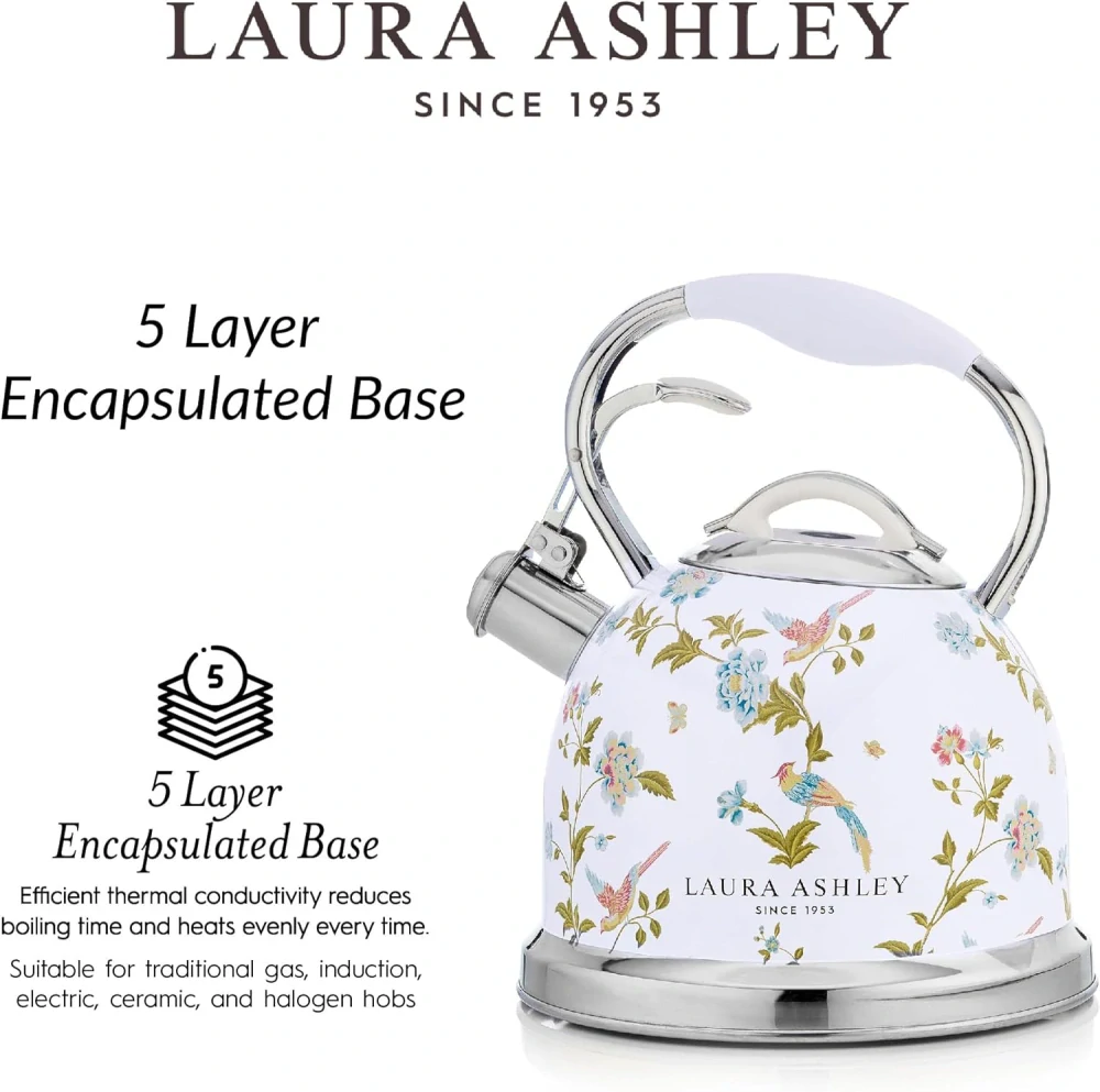 Laura Ashley čajová kanvica na sporák Elveden White 3 l – nerezová pískacia kanvica v bielom elegantnom dizajne